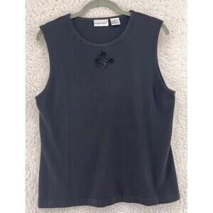 Fashion Bug Black Acrylic Knit Floral Beaded Shell Top Women's XL Vintage Y2K